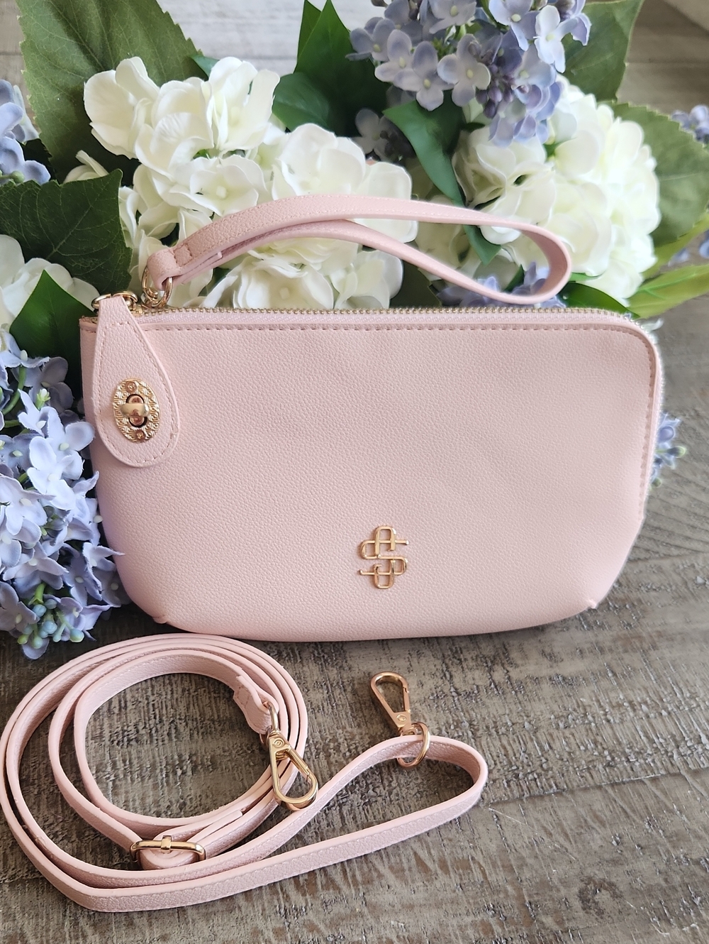 Soft Pink Wristlet Clutch with Gold Logo